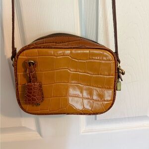 Croc-Embossed Tan Leather Crossbody Bag